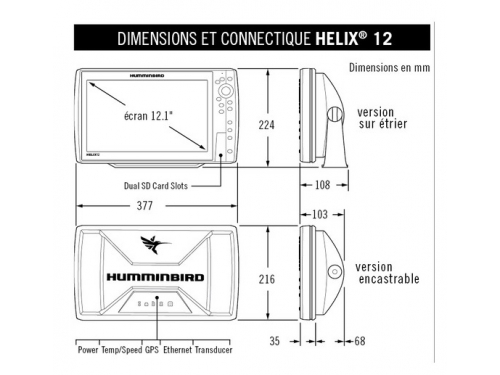 HUMMINBIRD Helix 12 Chirp 2D sonde Tableau Arrière 